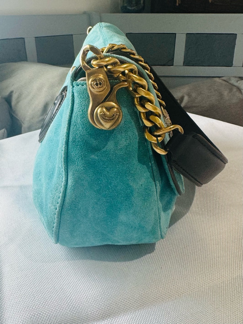 Rare Juicy Couture Y2K Teal Velour Rhinestone Darling Couture Shoulder Bag - Picture 4 of 12